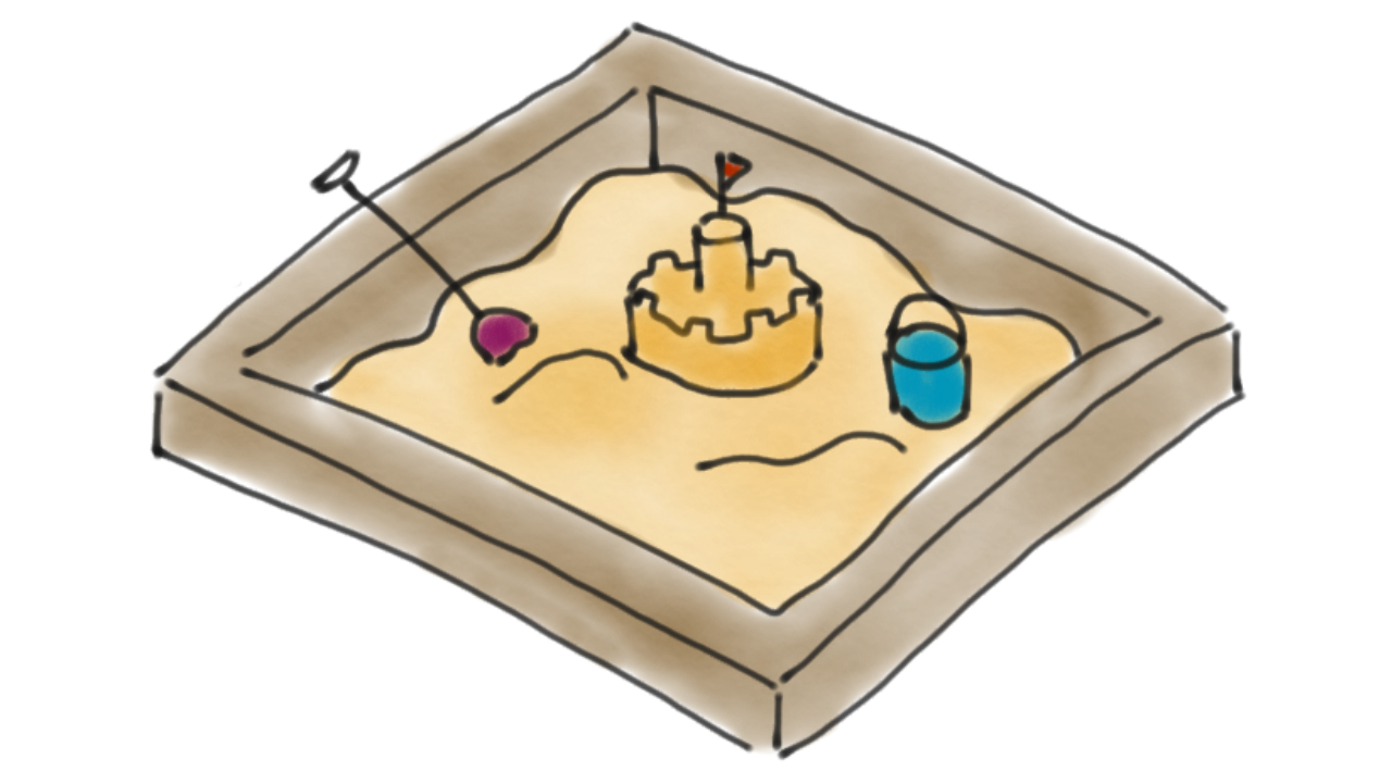 Das Bild zeigt einen Sandkasten mit einer Schaufel, einem Eimer und einer Sandburg.